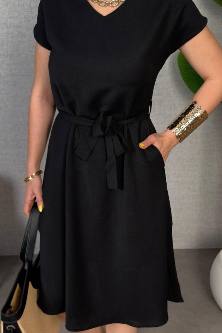Black A-Line V-Neck Knee Length Dress