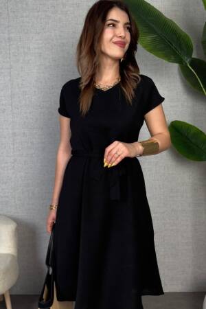 Black A-Line V-Neck Knee Length Dress