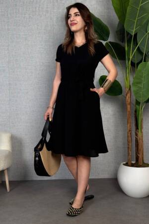 Black A-Line V-Neck Knee Length Dress