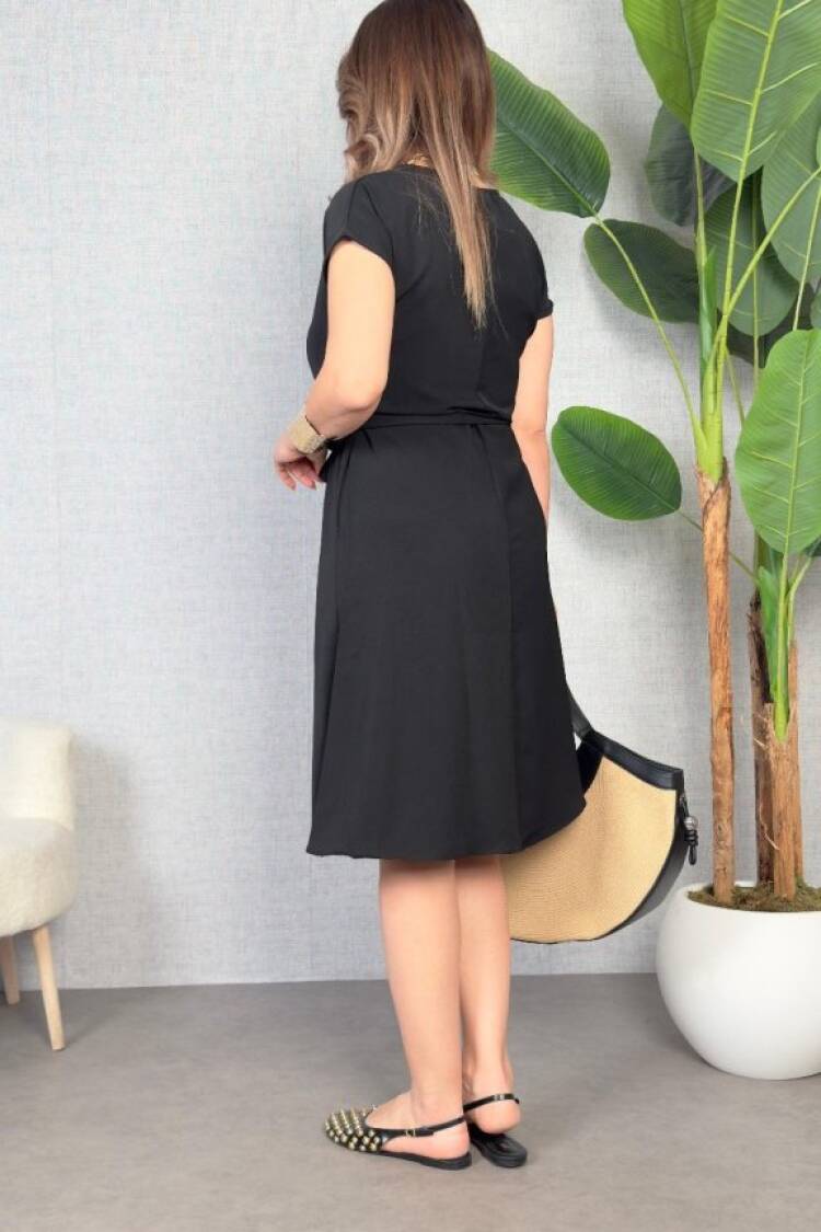 Black A-Line V-Neck Knee Length Dress