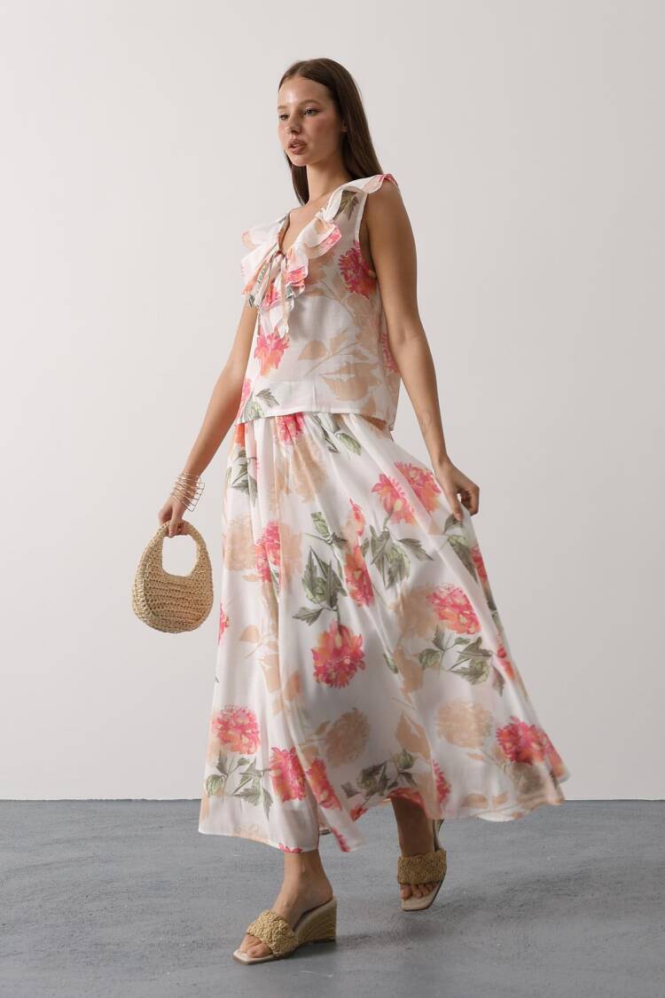 White Floral Flared Maxi Skirt