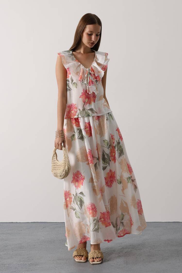 White Floral Flared Maxi Skirt