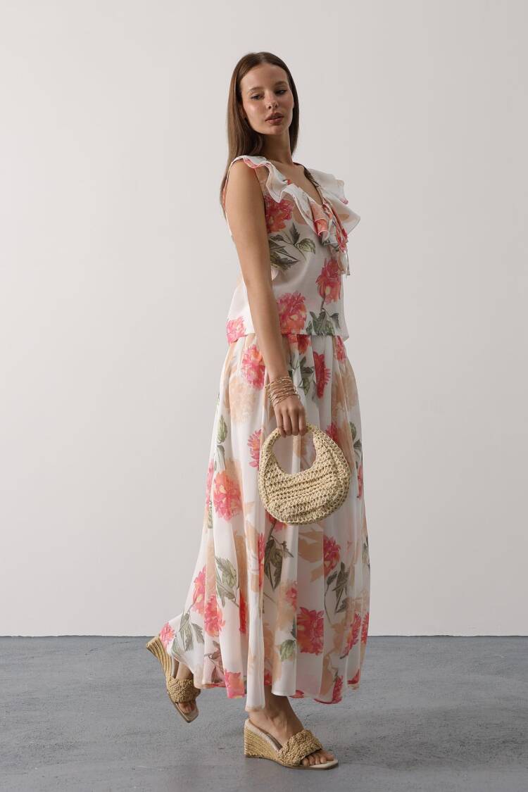 White Floral Flared Maxi Skirt