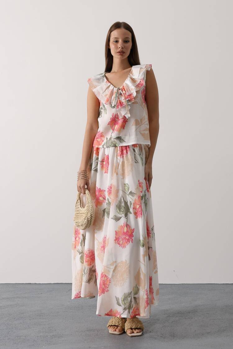 White Floral Flared Maxi Skirt