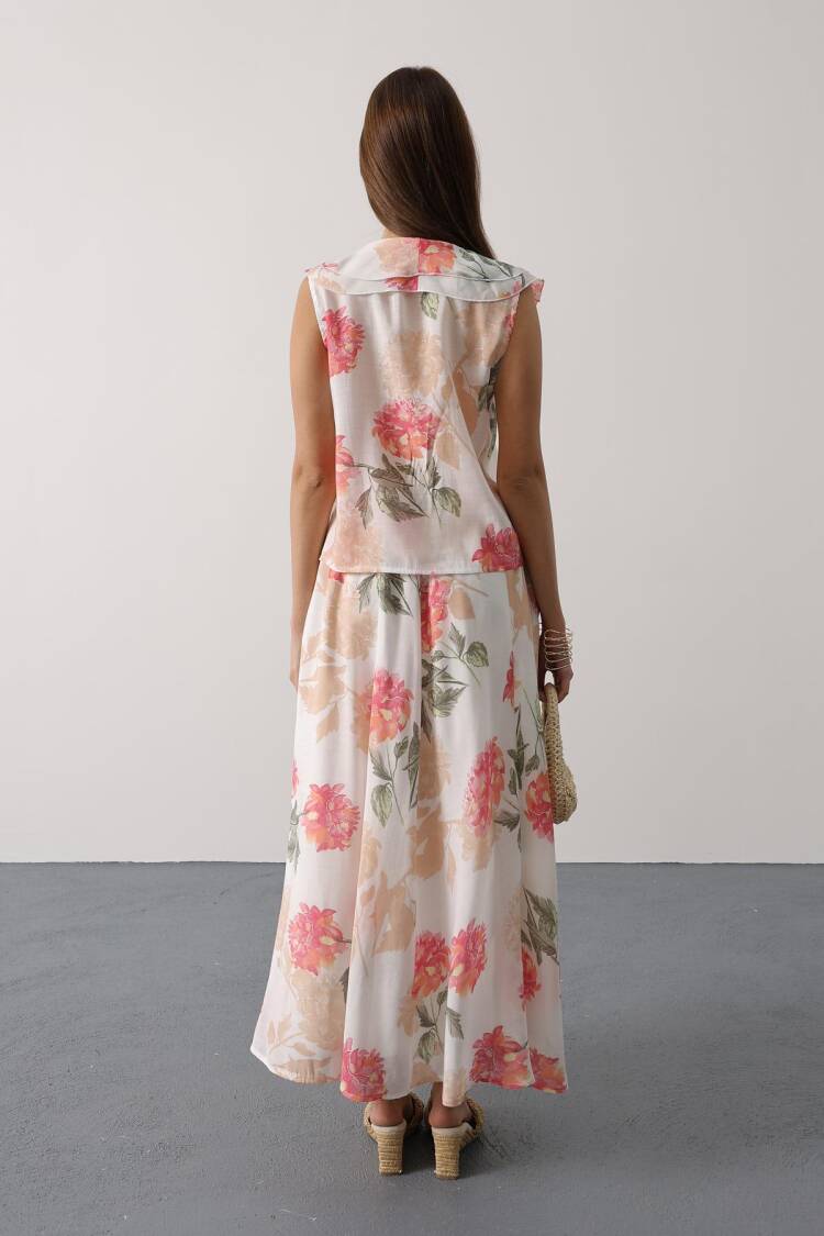 White Floral Flared Maxi Skirt