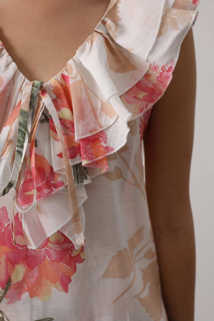 White Boho Sleeveless Floral V-Neck Blouse