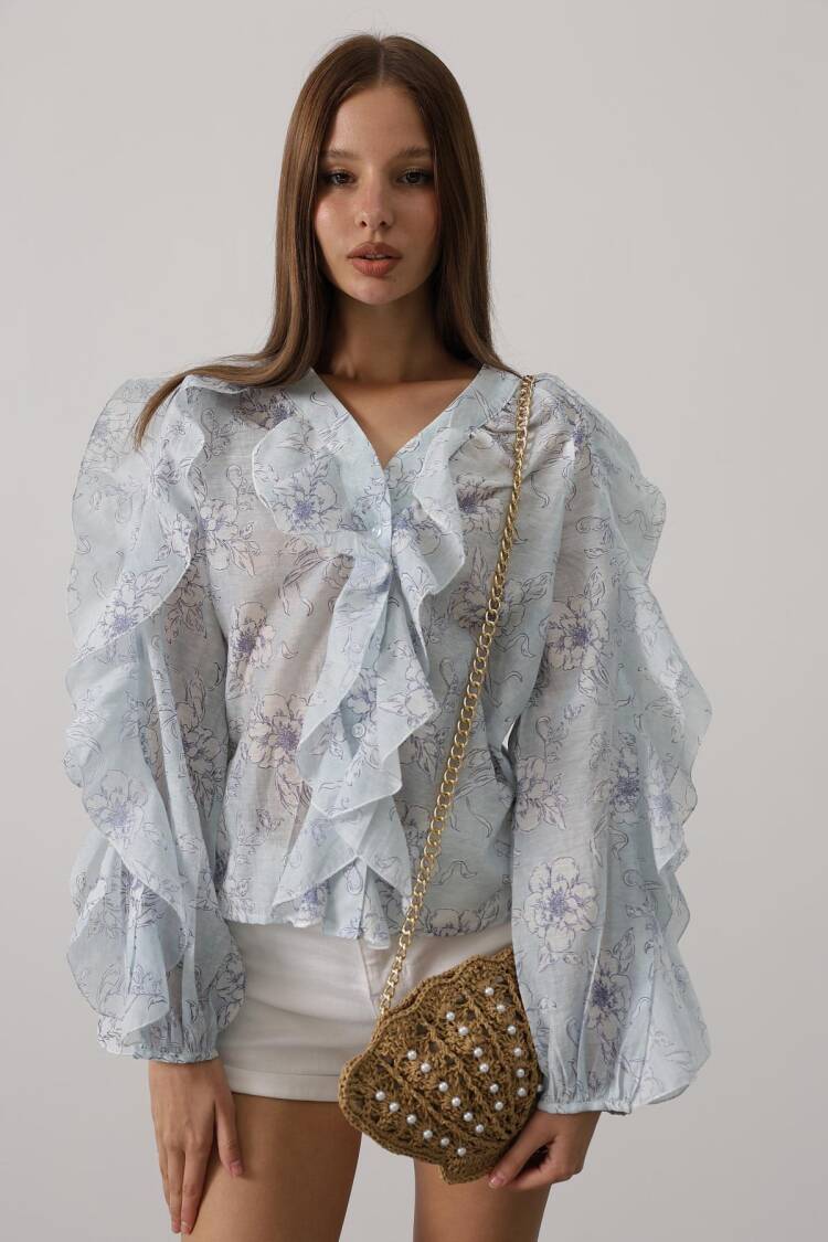 White Boho Buttoned Shirt With Floral Ruffle Sleeves