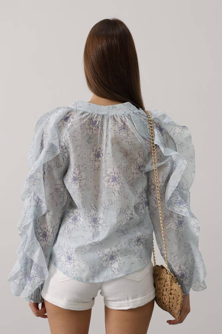 White Boho Buttoned Shirt With Floral Ruffle Sleeves