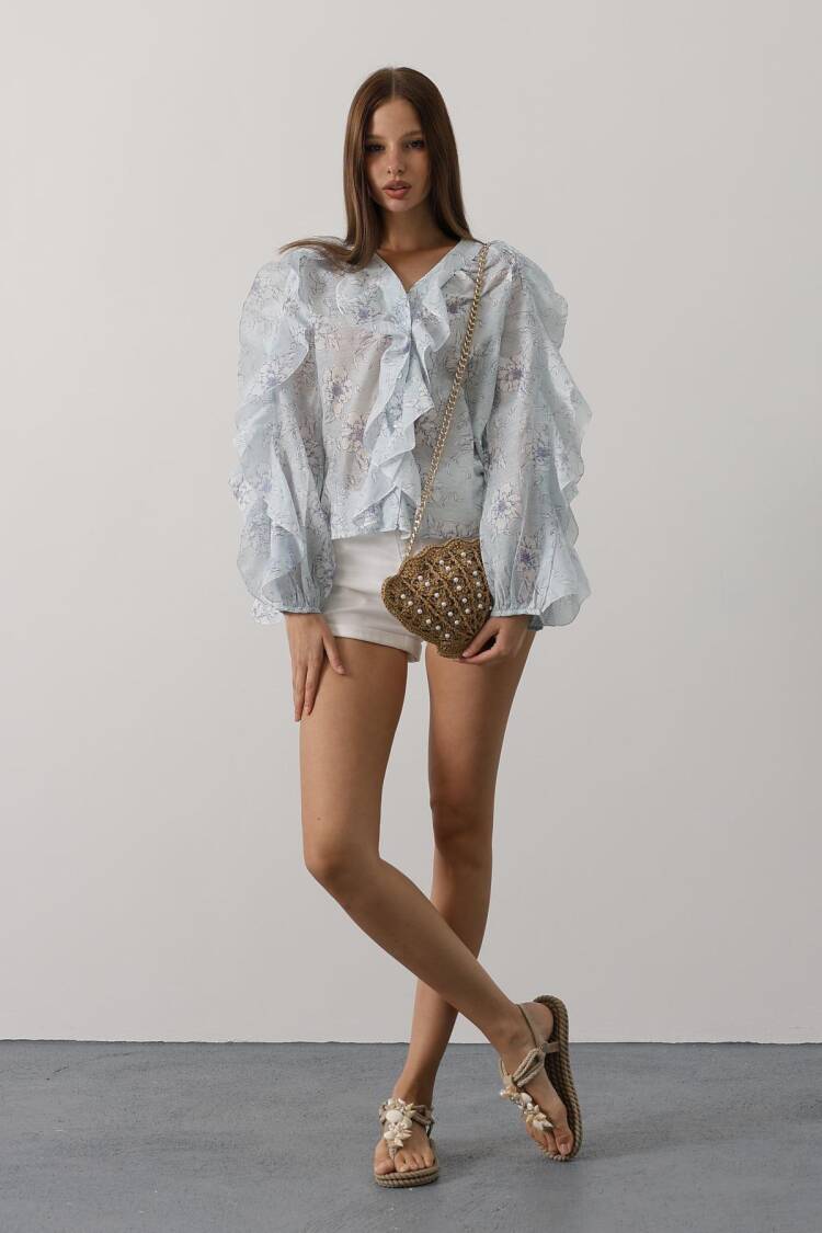 White Boho Buttoned Shirt With Floral Ruffle Sleeves