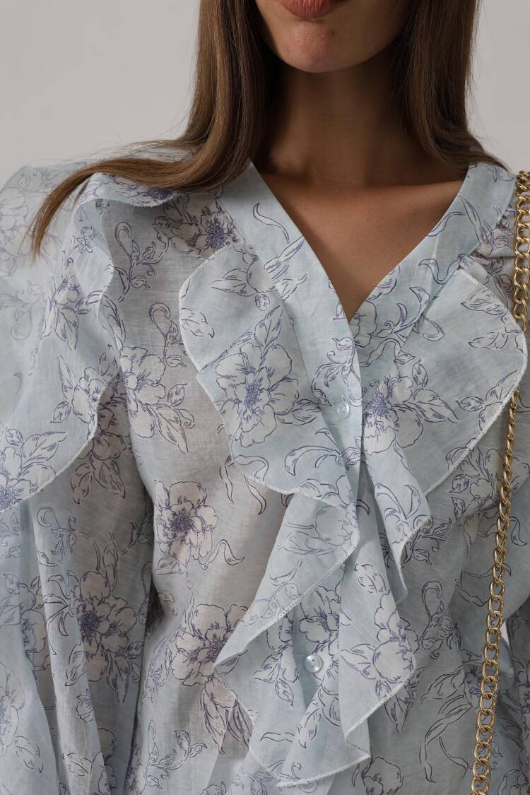 White Boho Buttoned Shirt With Floral Ruffle Sleeves
