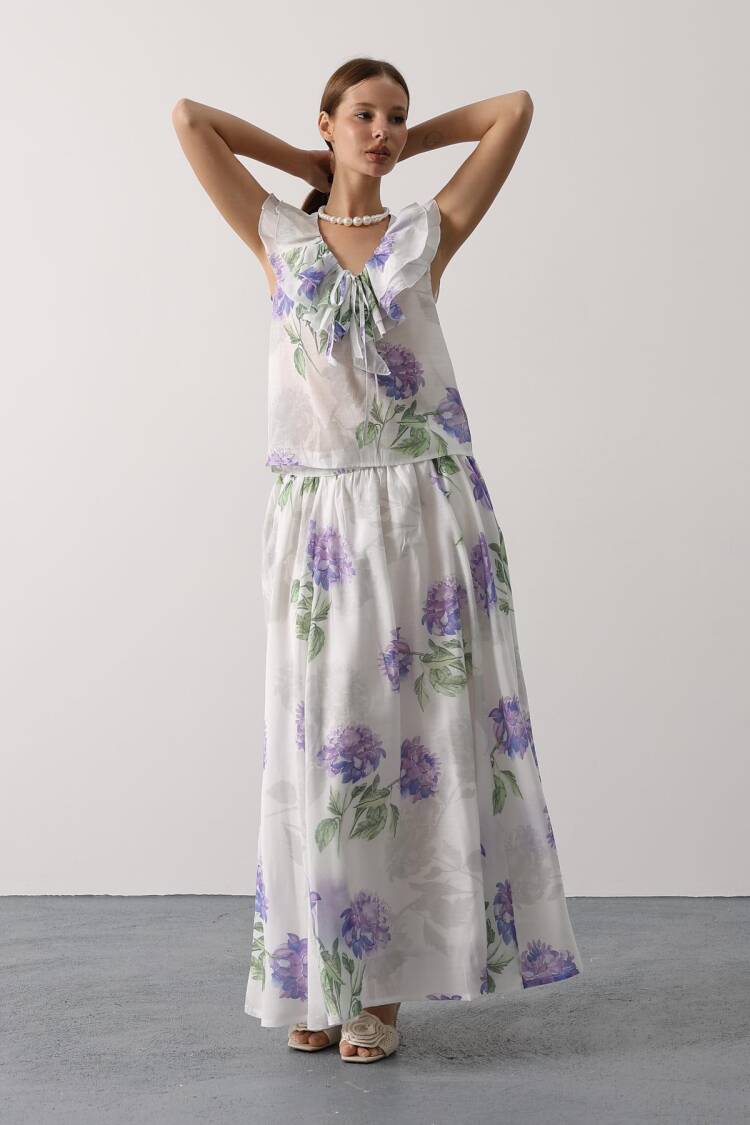 White Flared Maxi Skirt Mid Waist Pull On