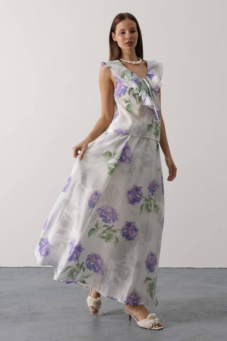 White Flared Maxi Skirt Mid Waist Pull On