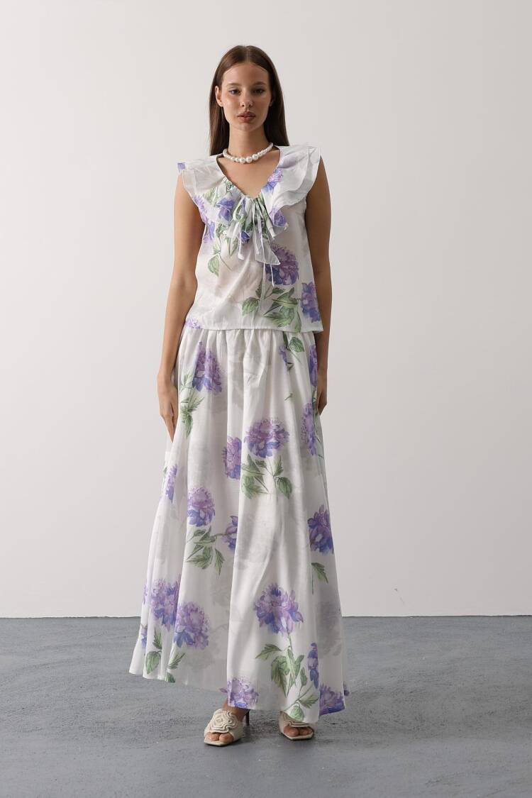White Flared Maxi Skirt Mid Waist Pull On