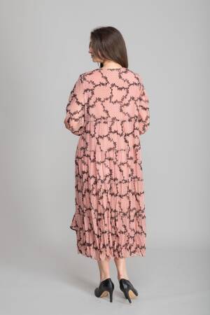 Pink Fit And Flare Dress With V-Neck And Long Sleeves