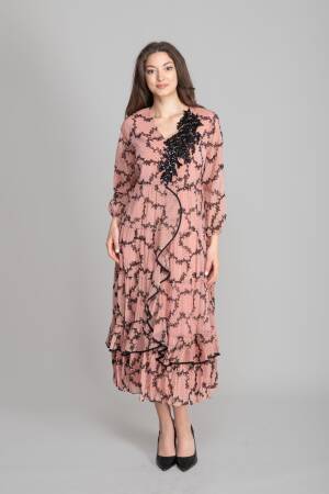 Pink Fit And Flare Dress With V-Neck And Long Sleeves