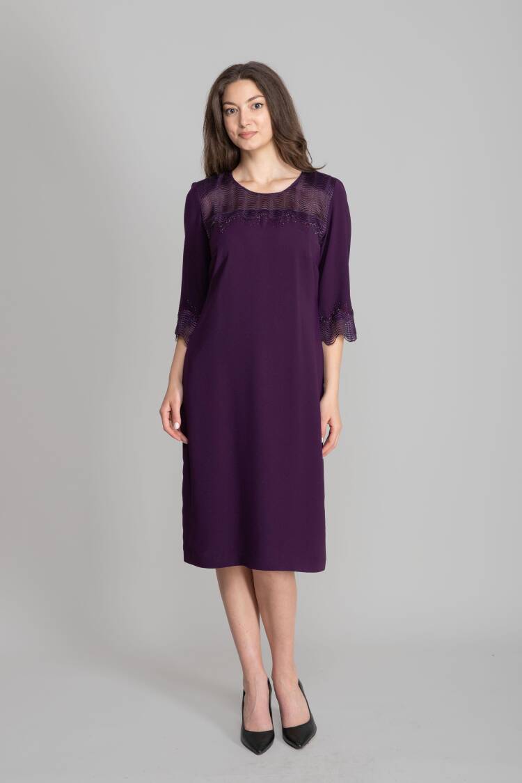 Elegant Purple Shift Dress With 3/4 Sleeves