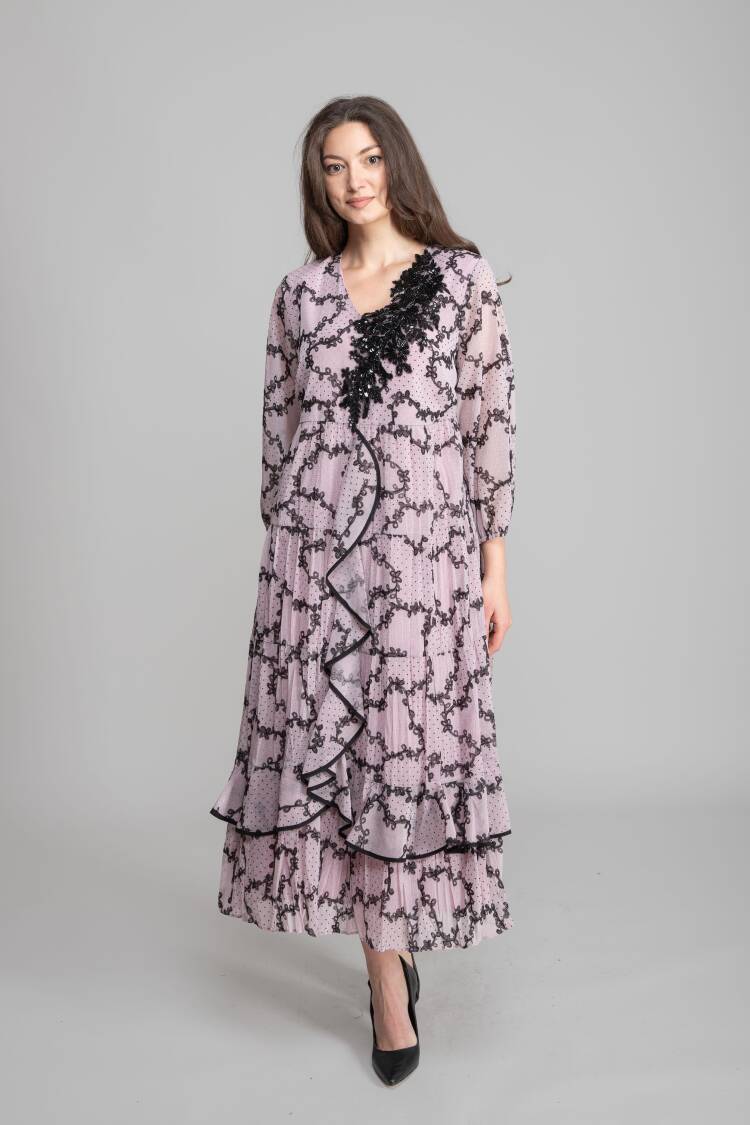 Pink Elegant A-Line Dress With V-Neck