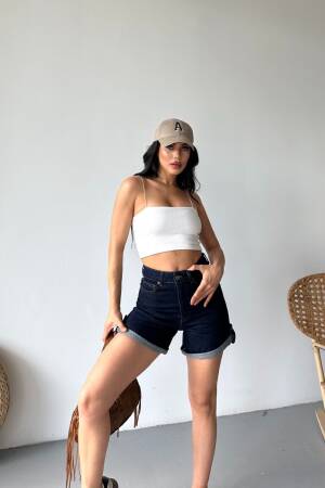 Blue Casual Bermuda Shorts High Waist With Buttoned Closure