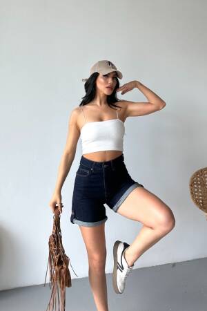 Blue Casual Bermuda Shorts High Waist With Buttoned Closure