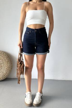 Blue Casual Bermuda Shorts High Waist With Buttoned Closure