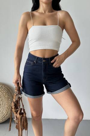 Blue Casual Bermuda Shorts High Waist With Buttoned Closure