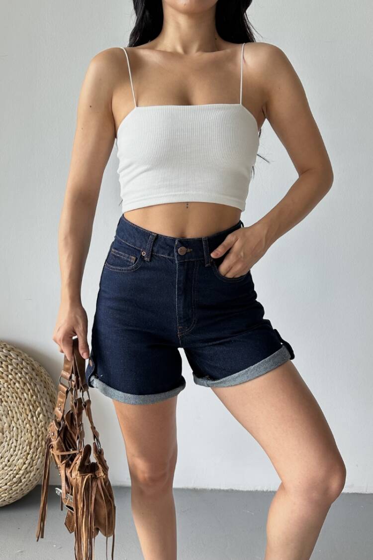 Blue Casual Bermuda Shorts High Waist With Buttoned Closure
