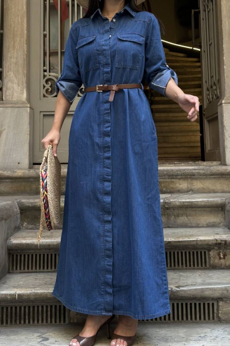 Maxi Shirt Dress With Notched Neck