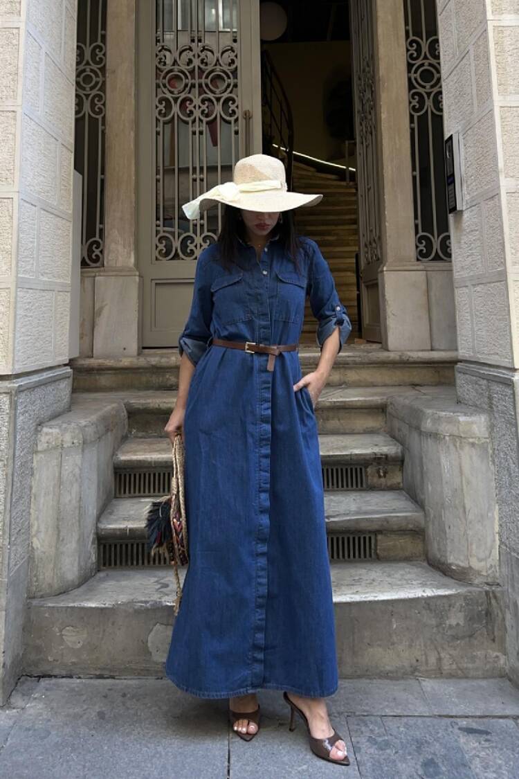 Maxi Shirt Dress With Notched Neck