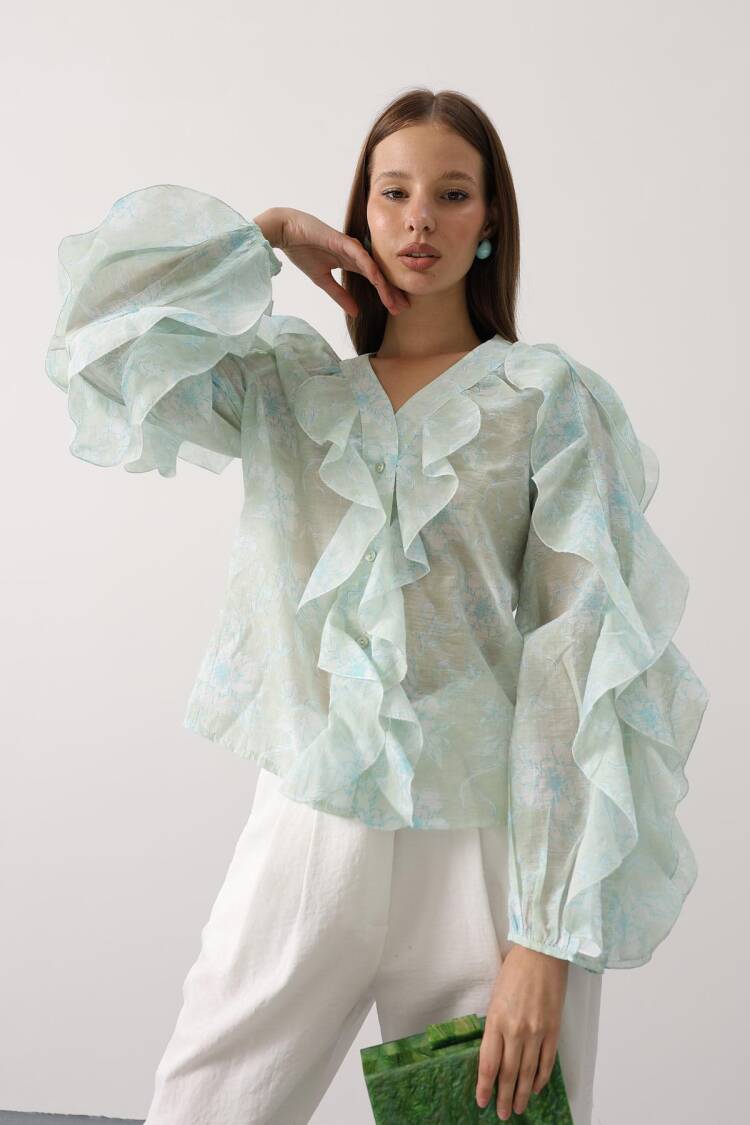 Elegant Mix Color Blouse With Ruffle Sleeves