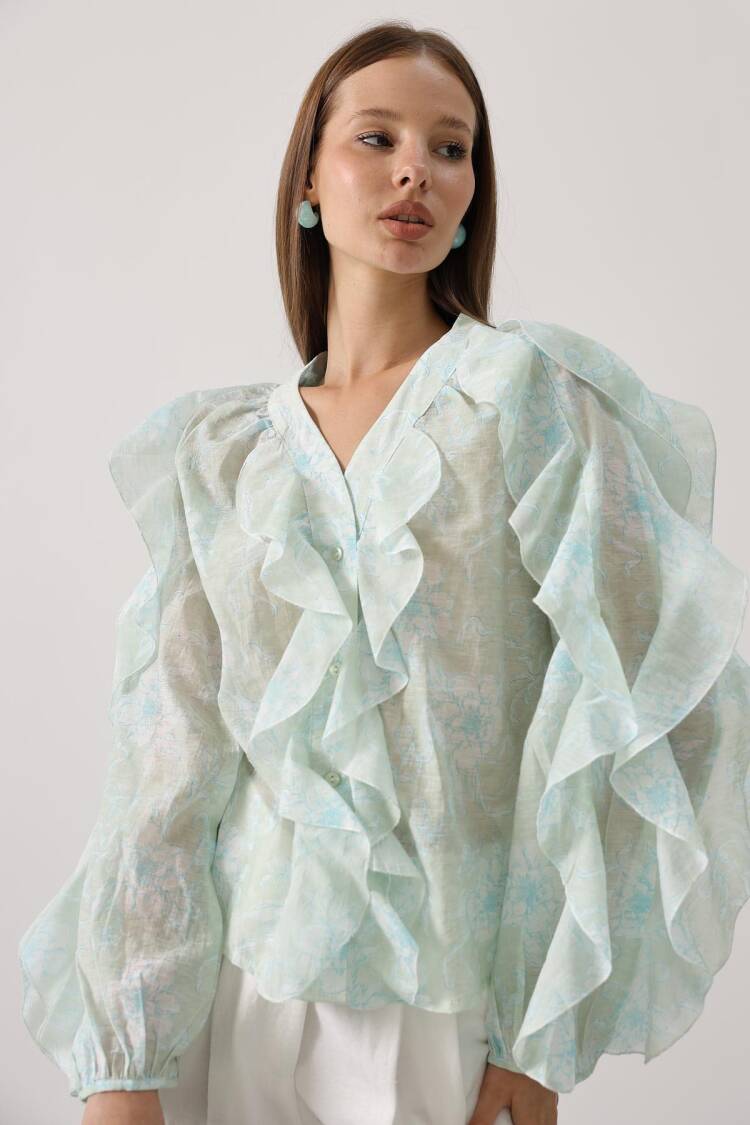 Elegant Mix Color Blouse With Ruffle Sleeves