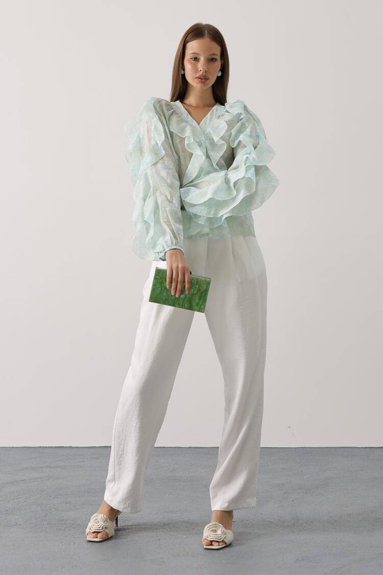 Elegant Mix Color Blouse With Ruffle Sleeves