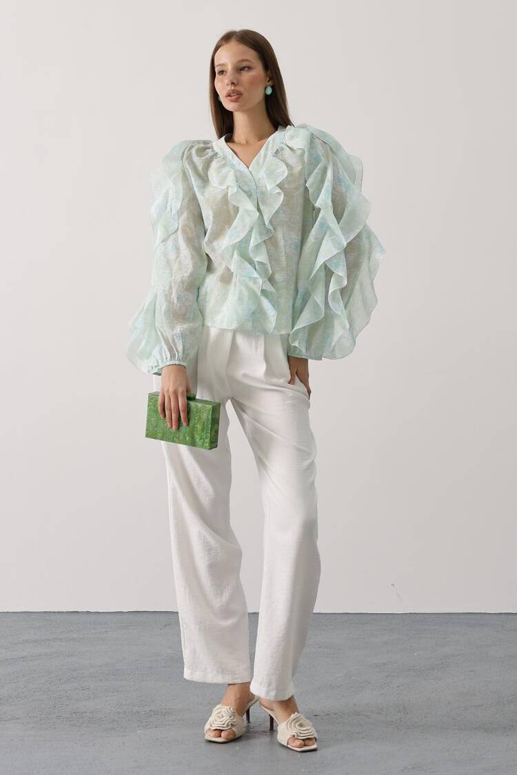 Elegant Mix Color Blouse With Ruffle Sleeves