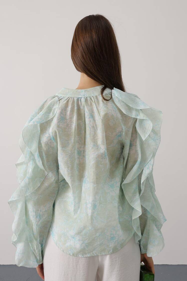 Elegant Mix Color Blouse With Ruffle Sleeves