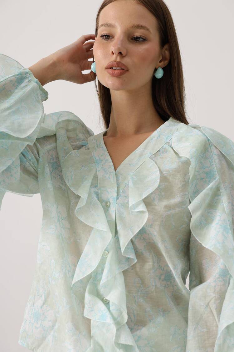 Elegant Mix Color Blouse With Ruffle Sleeves
