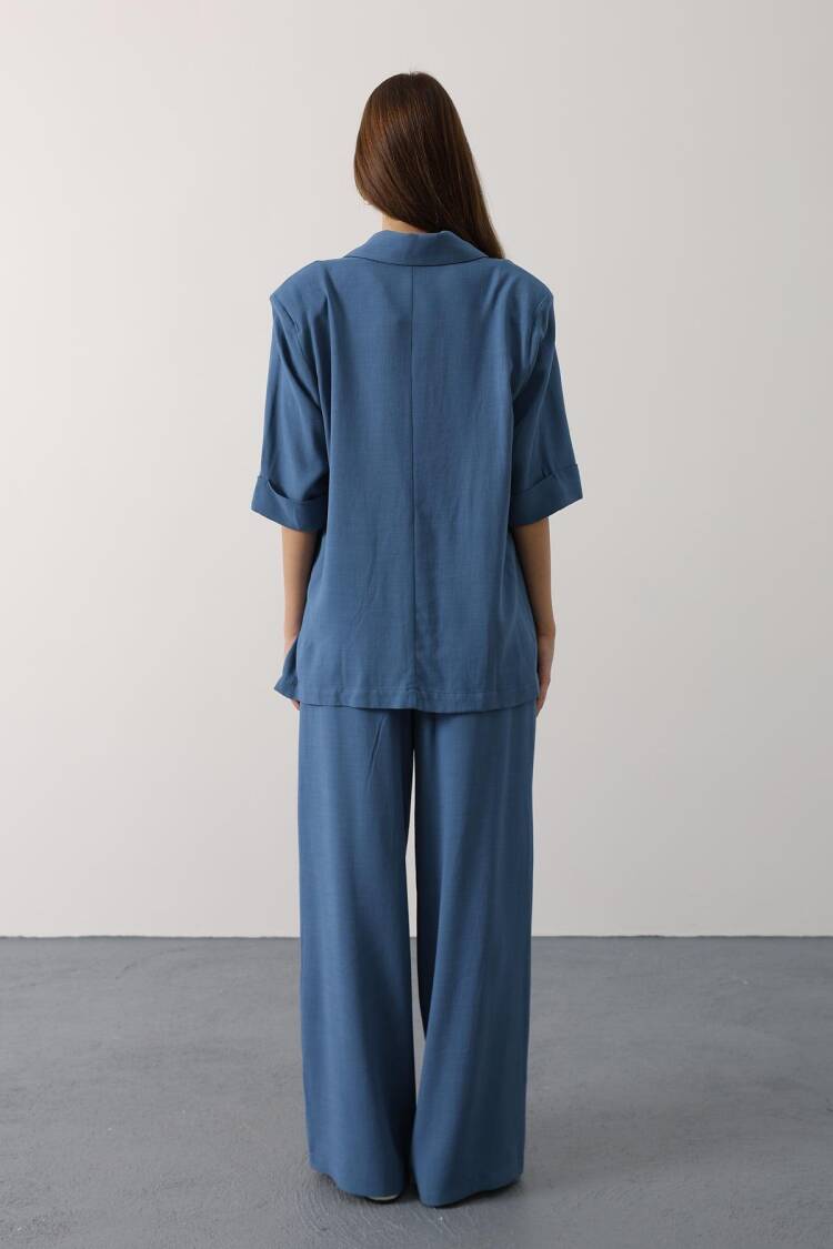 Blue Palazzo Pants High Waist Wide Leg