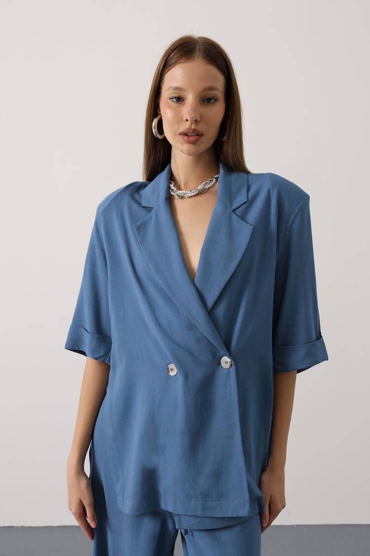 Blue Palazzo Pants High Waist Wide Leg