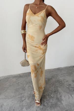 Beige Slip Dress With Marble Pattern And Cowl Neck