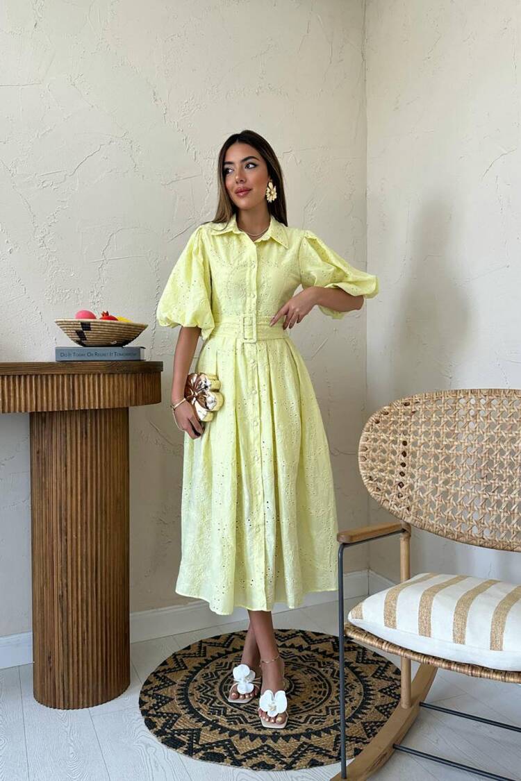 Elegant Midi Shirt Dress With Ballon Sleeves