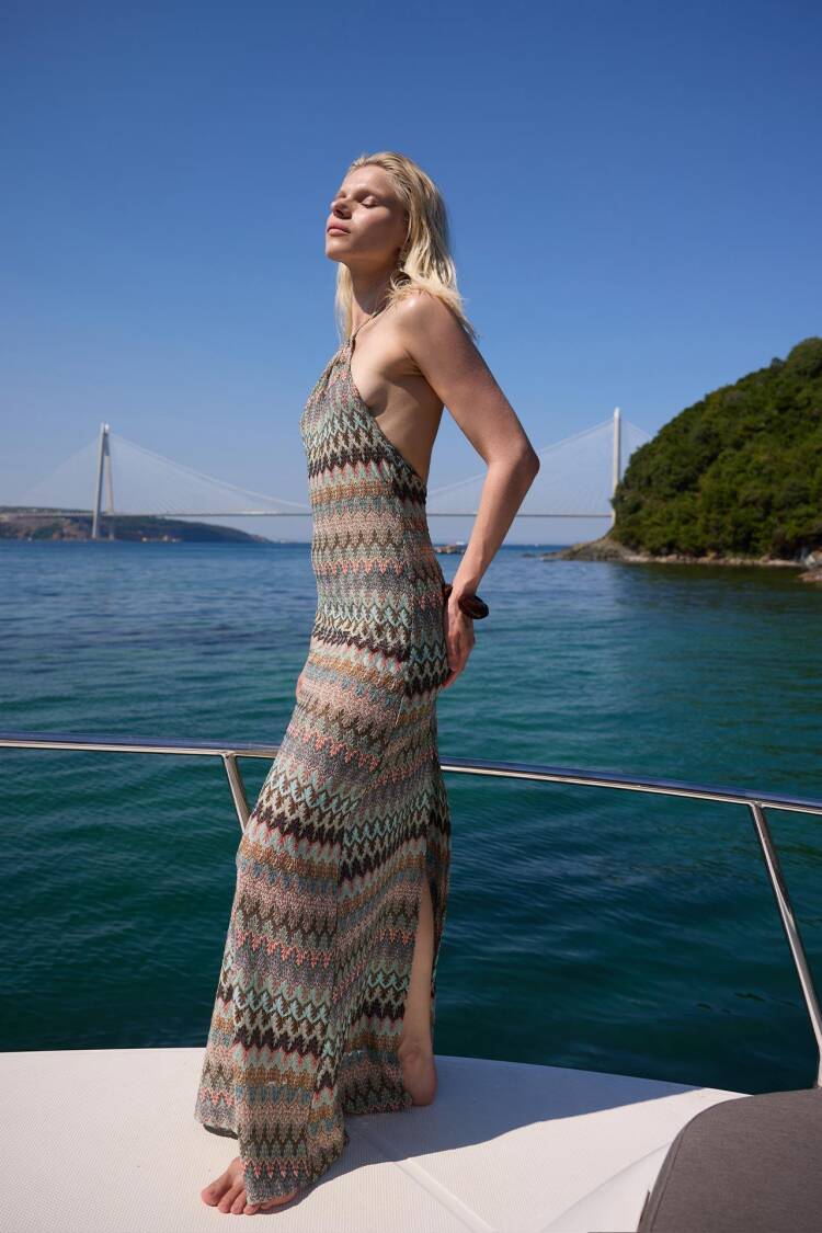 Beige Maxi Slip Dress With Geometric Pattern And Halter Neck