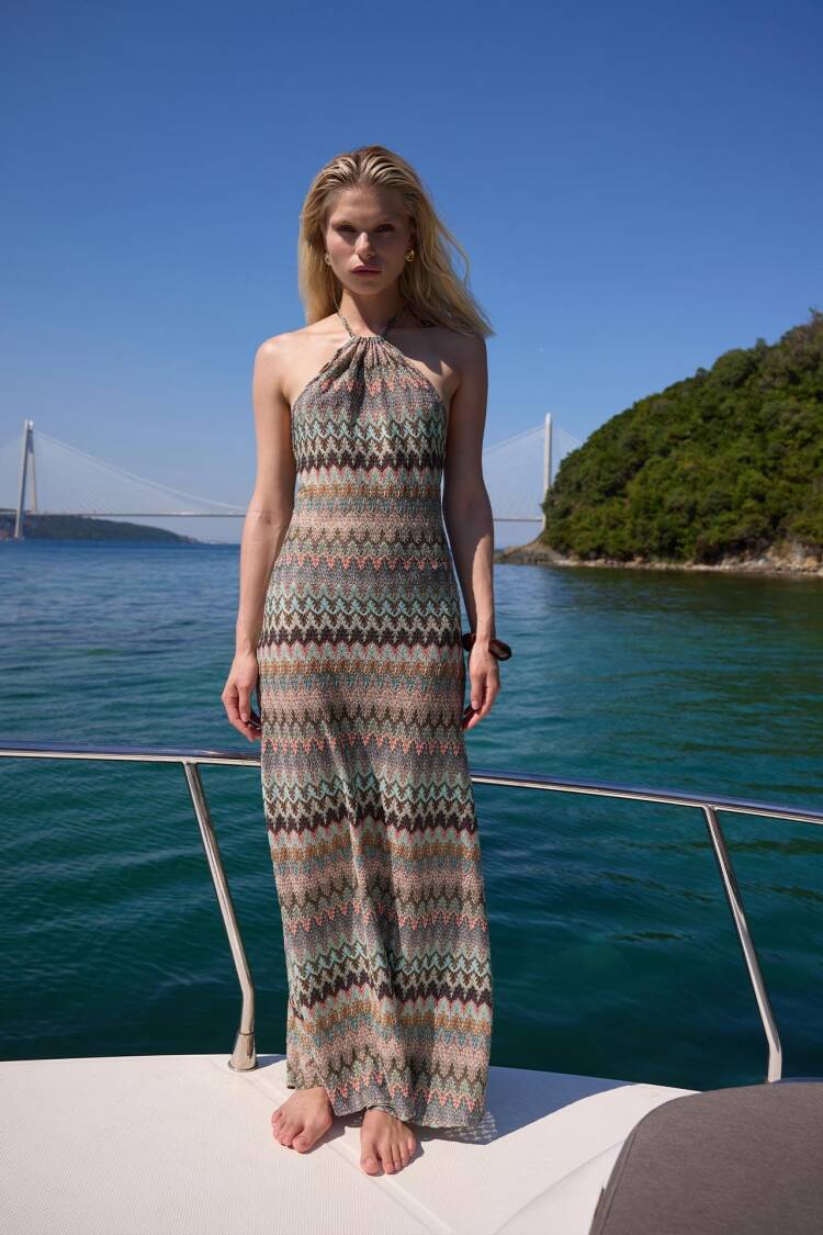 Beige Maxi Slip Dress With Geometric Pattern And Halter Neck