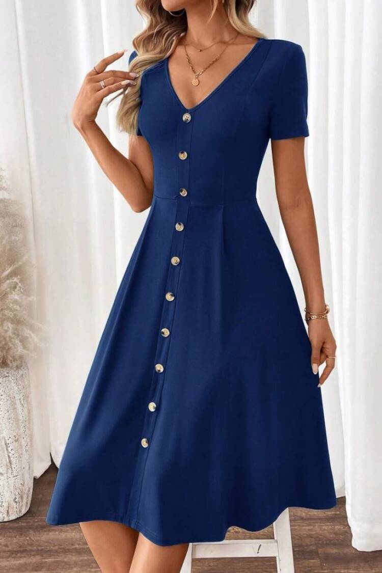 Navy Blue Fit And Flare V-Neck Midi Dress