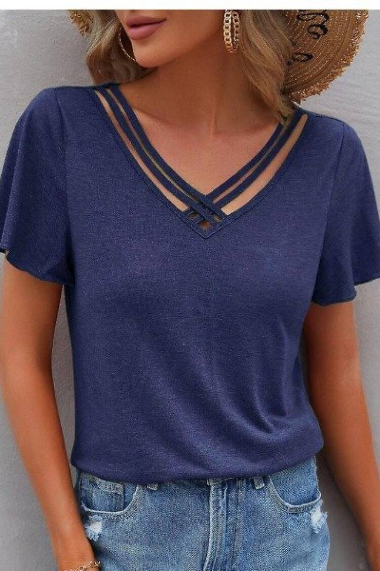 NavyBlouse With V-Neck And Short Sleeves