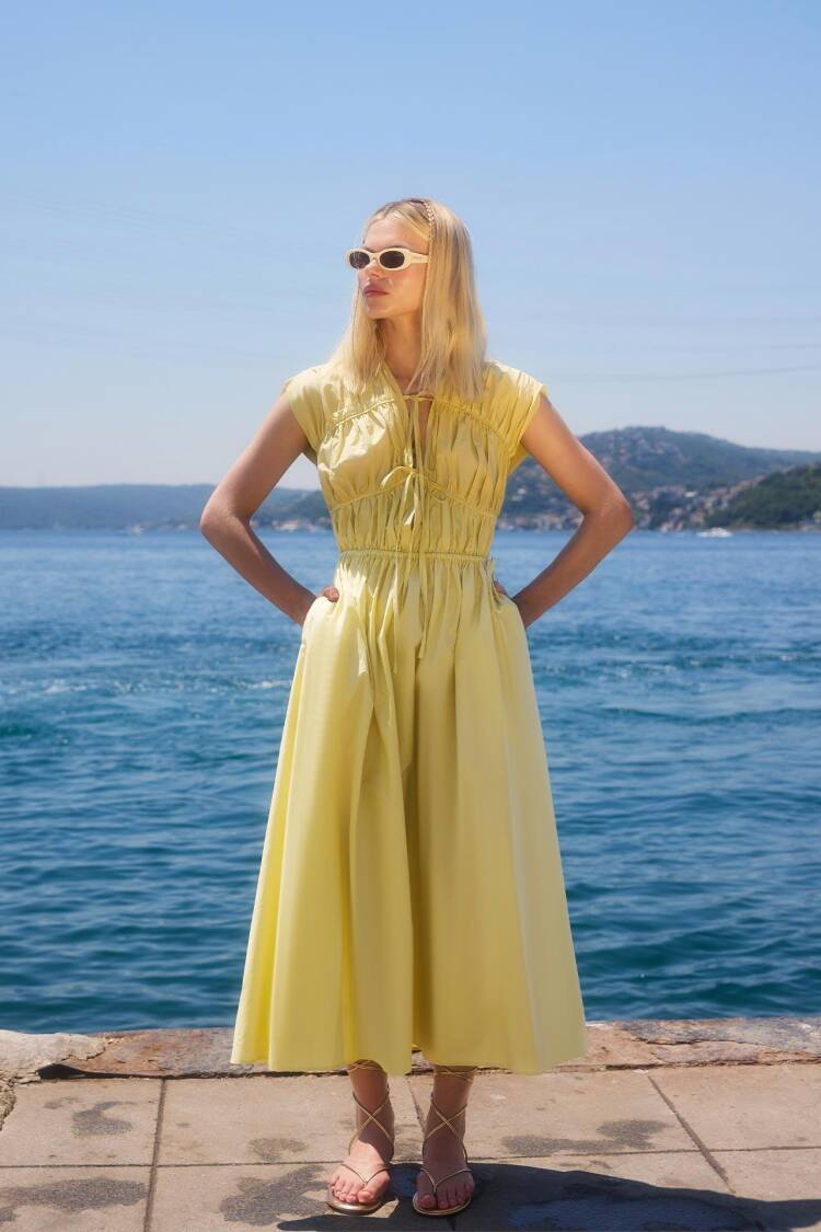 A-Line Midi Dress With V-Neck And Cap Sleeves