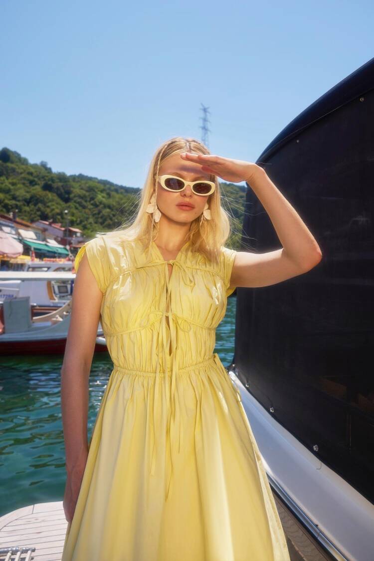 A-Line Midi Dress With V-Neck And Cap Sleeves