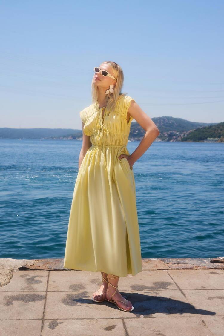 A-Line Midi Dress With V-Neck And Cap Sleeves