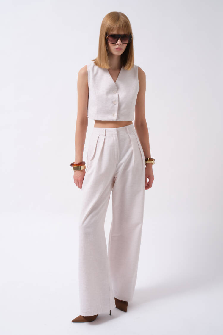 Ecru Palazzo Pants With High Waist And Wide Leg