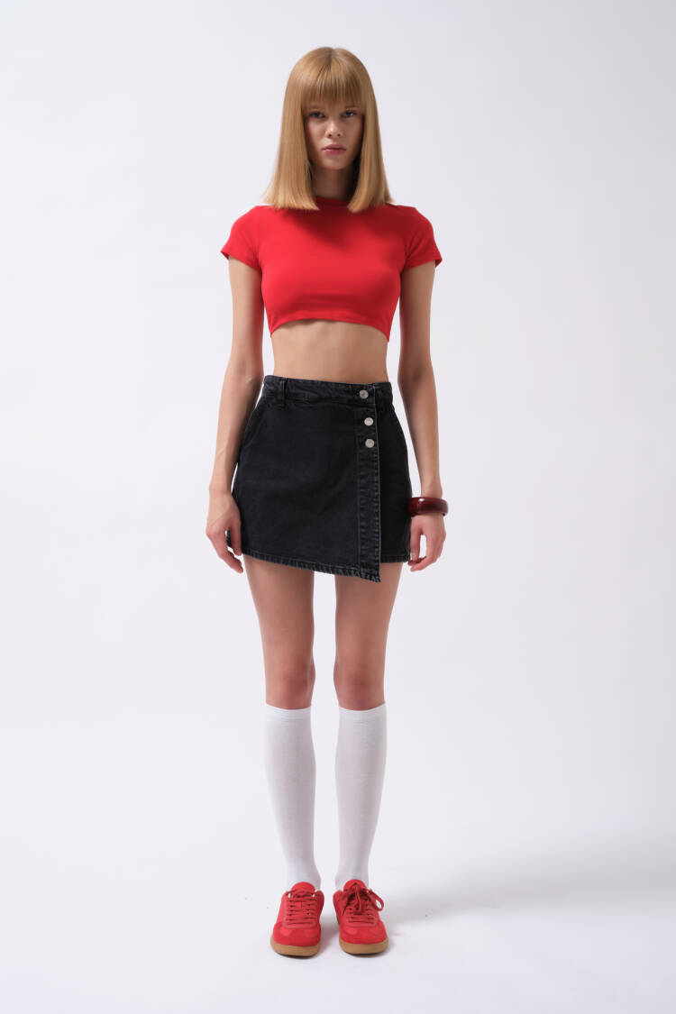 Button Detail Denim Mini Skirt