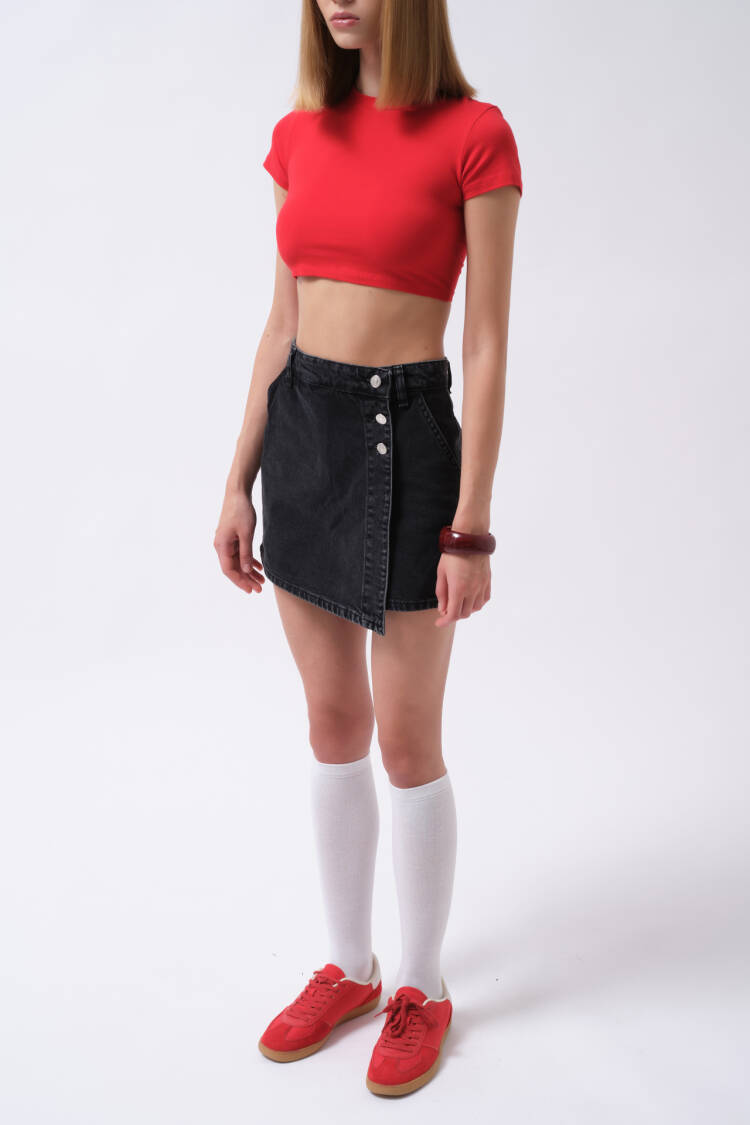 Button Detail Denim Mini Skirt