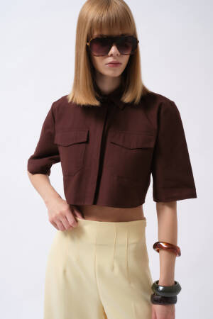 Polo Neck Crop Shirt With Half Sleeves