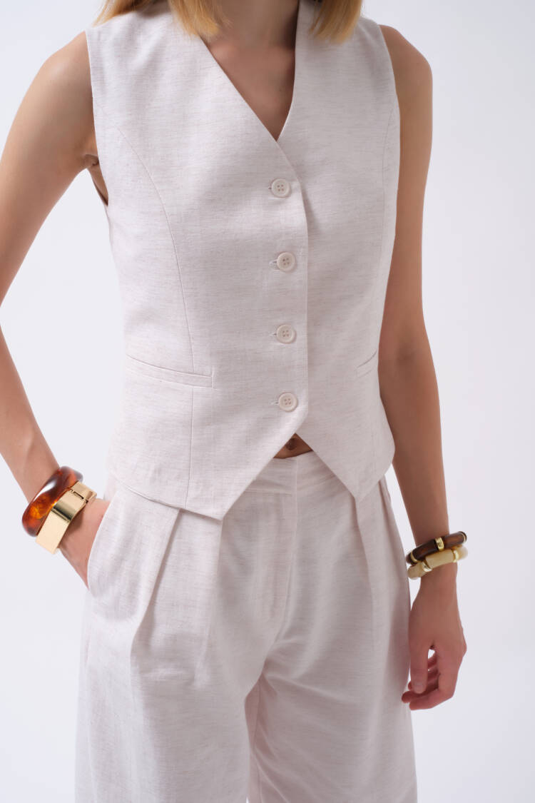 Beige Slim Fit Formal Elegant Vintage Preppy Casual Retro Vest With Buttoned Closure And Straight Pocket